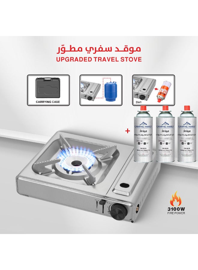 عائلة التخييم موقد غاز محمول للتخييم يعمل بخرطوشات غاز قابلة للاستبدال مع 3 خراطيش غاز - Image 1